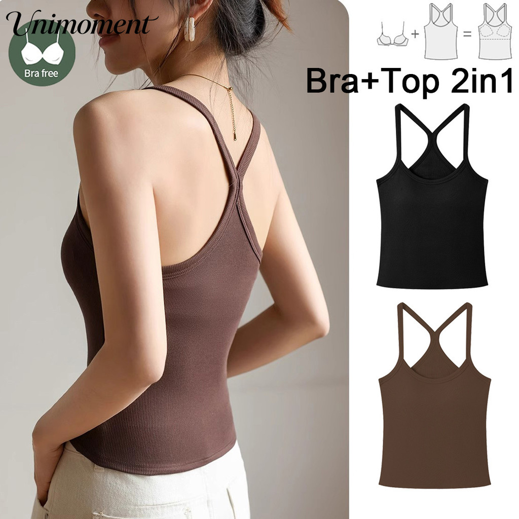 [Unimoment] S-XL Women with Breast Pad Bra+top 2in1 Ribbed Vest Top Y-shape Beauty-back Off-the-shoulder Top