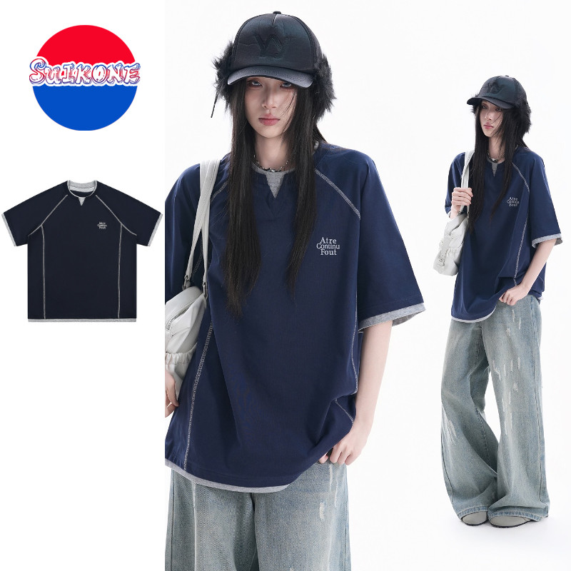 Suikone เสื้อยืดผู้ชายแขนสั้นเวอร์ชั่นเกาหลีการออกแบบเฉพาะปลอมสองคุณภาพสูงเป็นกลาง