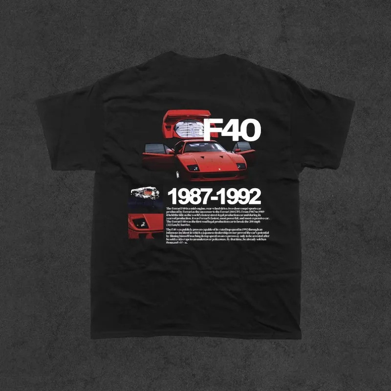 เสื้อยืดสไตล์สตรีทลายรถสปอร์ตคลาสสิก Ferrari F40 – เหมาะสำหรับผู้ที่ชื่นชอบรถสปอร์ต (มีไซส์ S-5XL)