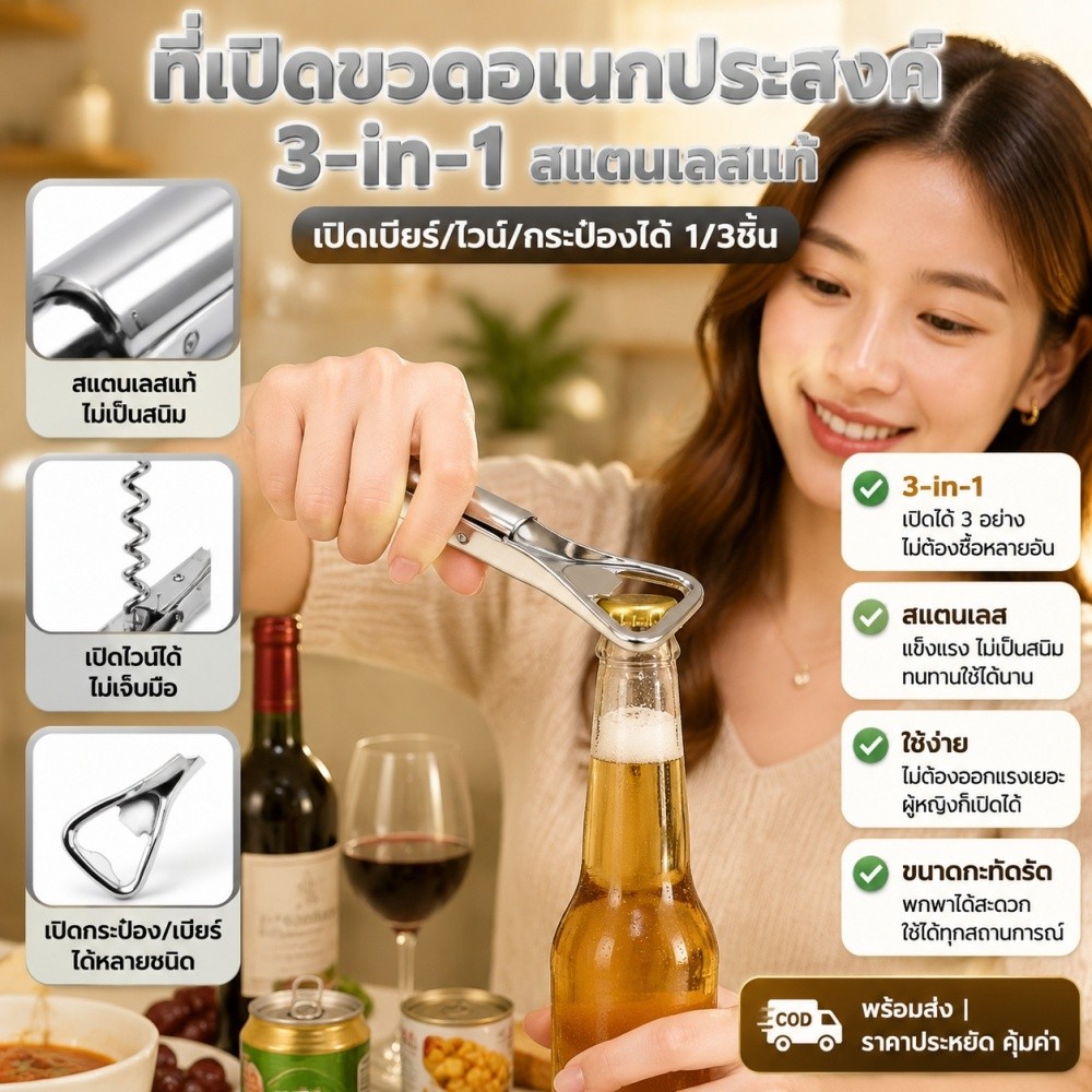 【COD】ที่เปิดขวดไวน์+เบียร์แบบสปริง สแตนเลส ทนทาน เหมาะกับใช้ในบ้าน/บาร์/ปาร์ตี้
