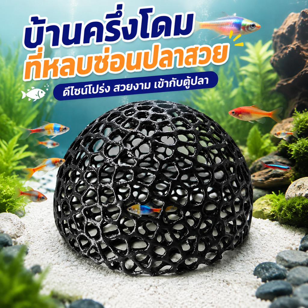 อุปกรณ์ตกแต่งตู้ปลา ที่ซ่อนตัวสำหรับปลาเล็ก ตาข่ายพิมพ์ 3 มิติ เส้นผ่านศูนย์กลาง 10 ซม. ไม่ทำลายครีบปลา