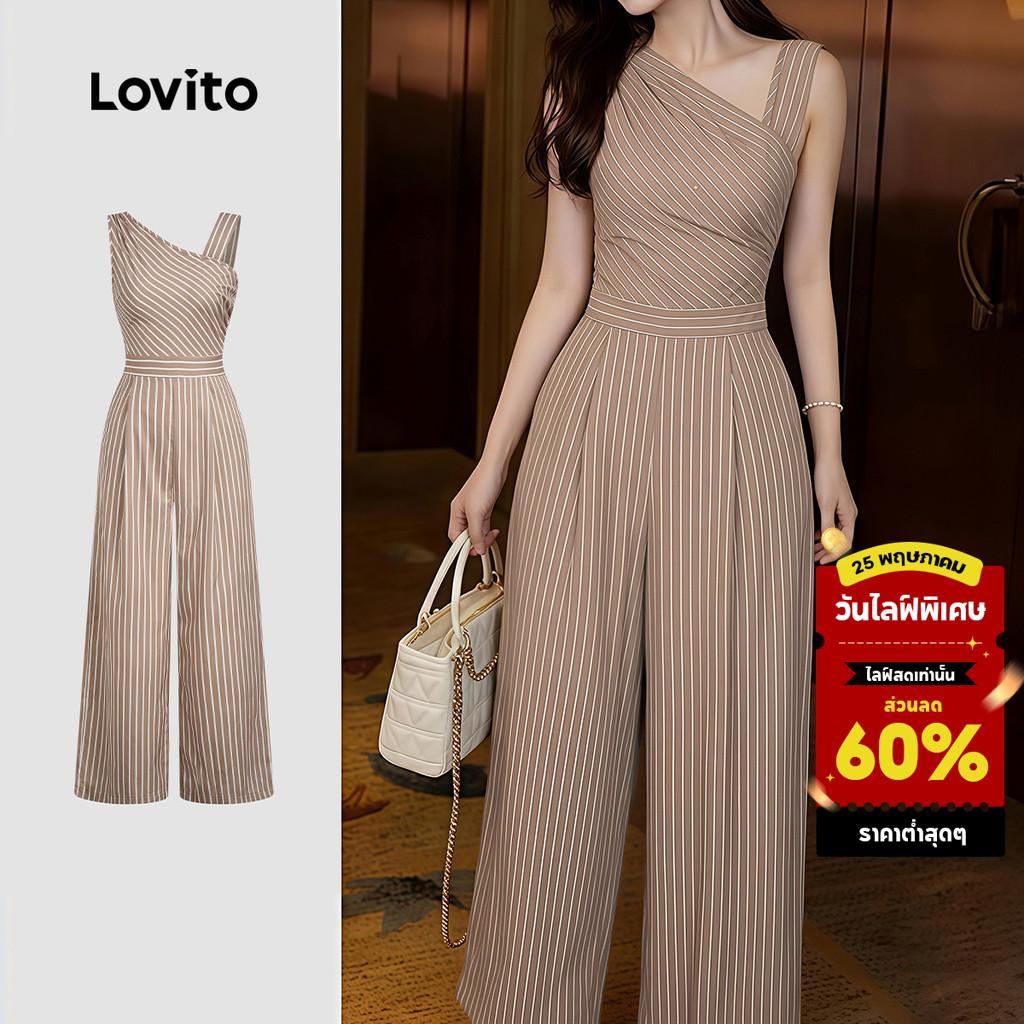 Lovito  จั๊มสูทลําลองลายเรขาคณิต ทรงพลีต สําหรับฤดูใบไม้ผลิ/ฤดูร้อน สีคากี สําหรับผู้หญิง LK4ED772