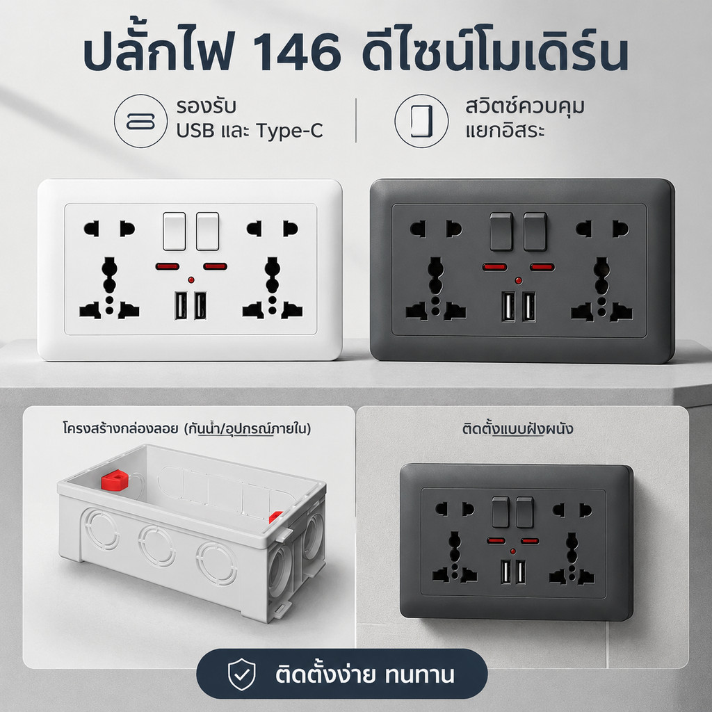 5 Hole Switched Outlet เต้ารับปลั๊กไฟ  146 5 ช่อง USB คู่ เต้ารับ อเนกประสงค์พร้อมสวิตช์ไฟ ปลั๊กไฟฝังพื้นอเนกประสงค์