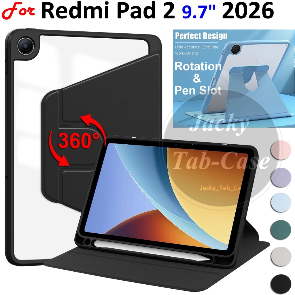 เคสฝาพับ สำหรับ xiaomi Redmi Pad 2 9.7 2026 Pad 2 11 Pad SE 8.7 Pad Pro 12.1 หมุนได้360 องศาหมุน หลังใส มีช่องใส่ปากก