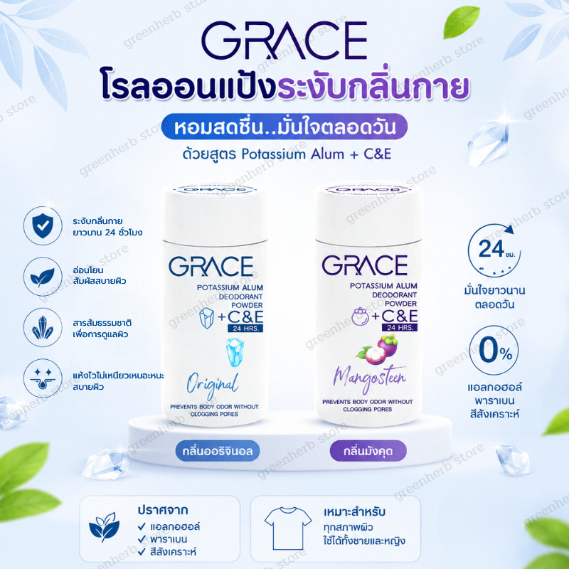 ผงแป้งระงับกลิ่นกาย GRACE สูตรธรรมชาติและมังคุด ขนาด 35ml กลิ่นยาวตลอดทั้งวัน