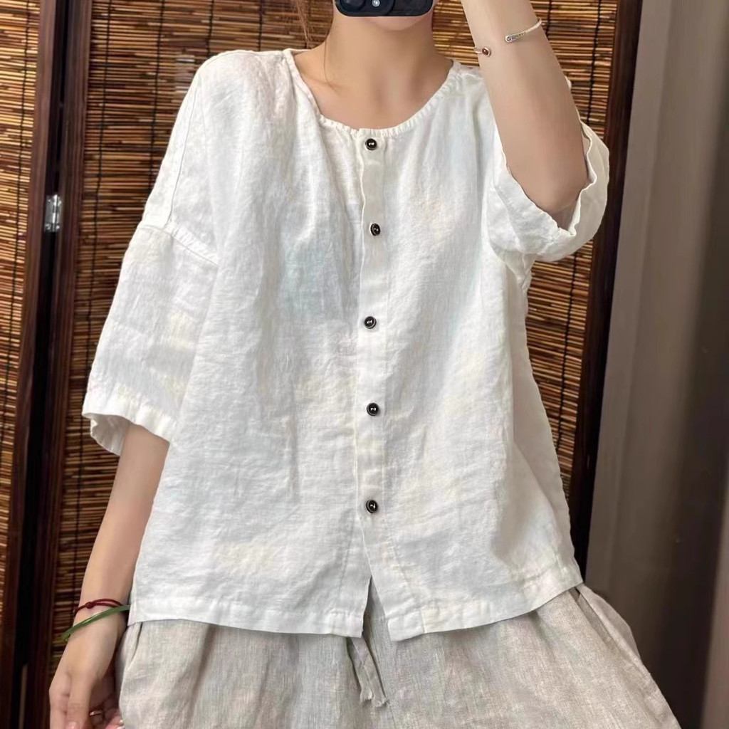 CP เสื้อผู้หญิงรอบคอสีทึบ Casual All-Match หลวม Breathable กลางแขน