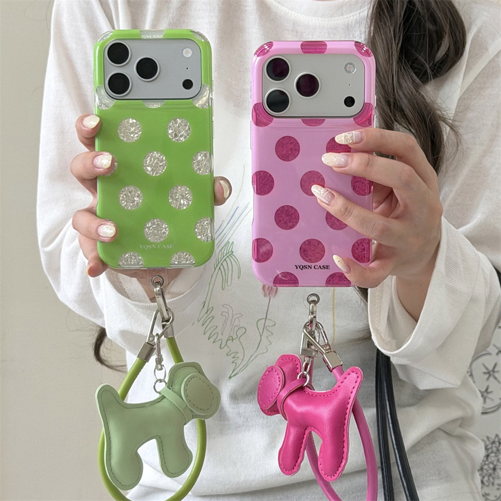 น่ารัก High end หนังสุนัขจี้สร้อยข้อมือสําหรับ IPhone 15 17 Pro Max 15pro 16 Pro Max Ins เลเซอร์ฟอยล์รูปแบบสีเขียว rose สีแดง polka dots นุ่มหรูหราซิลิโคนกรณี