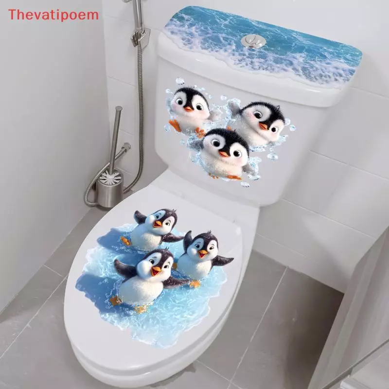 [Thevatipoem] Swimming Little Penguin Toilet Stier, Self-กาวกันน้ํา,รูปลอกตกแต่งห้องน้ํา,ผ้าคลุมเบาะห้องน้ําStier HOT