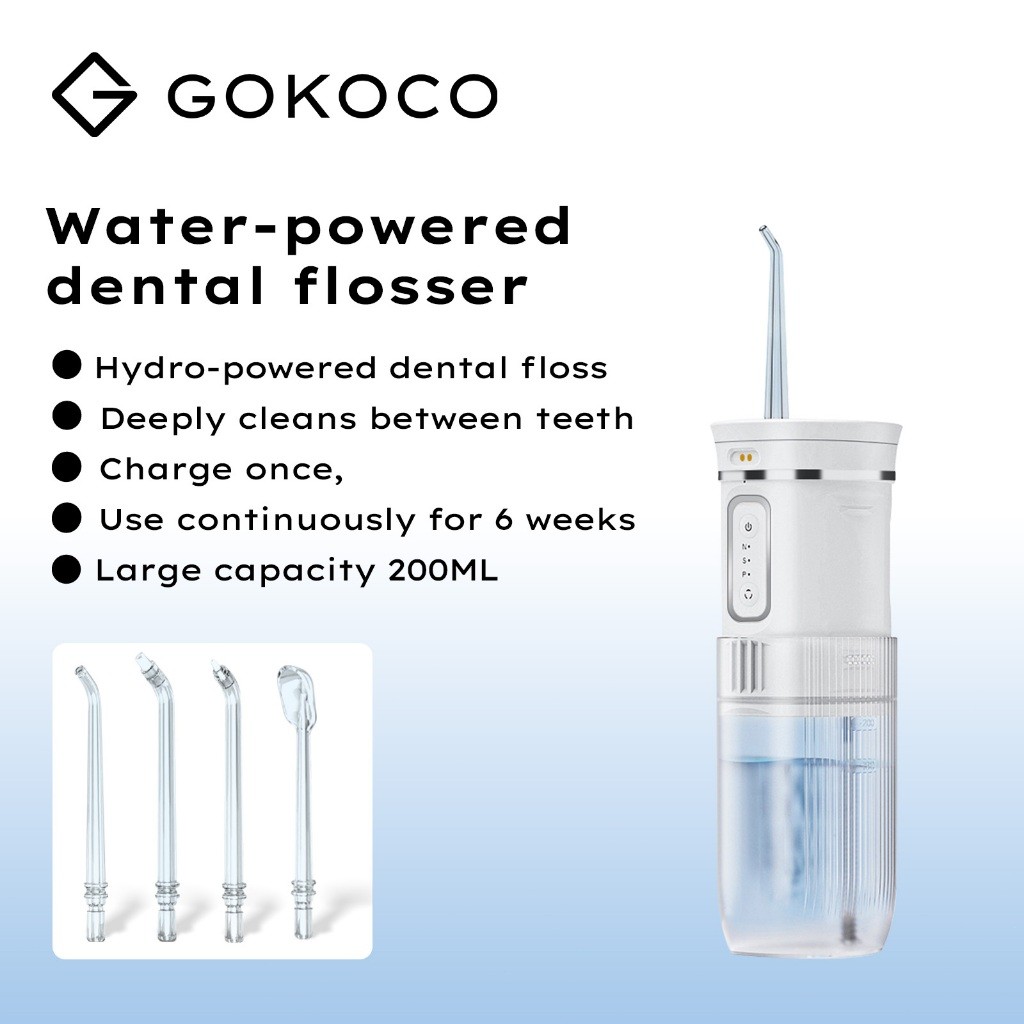 GOKOCO Flosser น้ําแบบพกพาพร้อมกระจก 200ML 3 ความเร็ว 4 หัวฉีด IPX7 กันน้ําพับได้