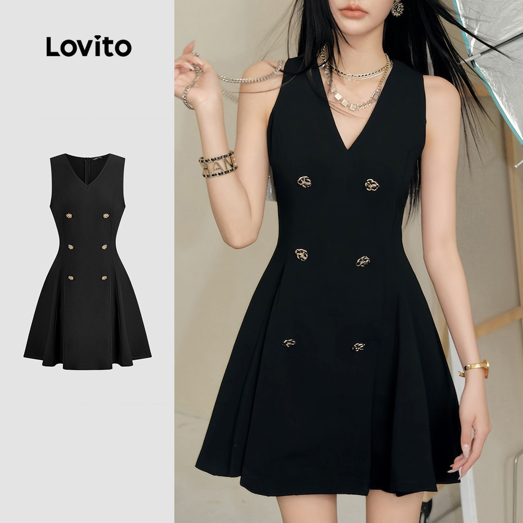Lovito ชุดเดรสสีดําด้านหน้าปุ่มธรรมดาหรูหราสําหรับผู้หญิง L135AD890