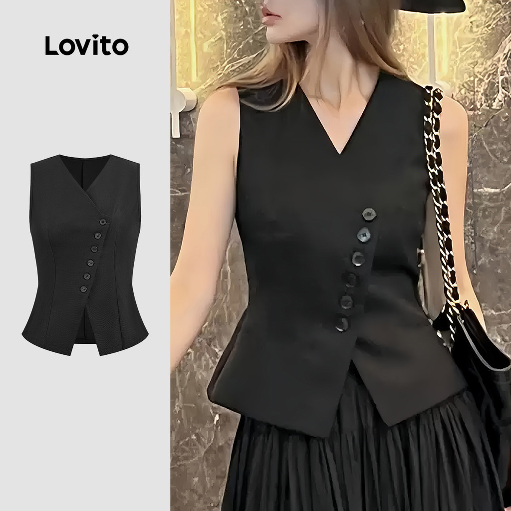 Lovito  เสื้อลําลองผู้หญิงสีดําทรงอสมมาตร ติดกระดุมด้านหน้าสําหรับฤดูใบไม้ผลิ/ฤดูร้อน L178ED334