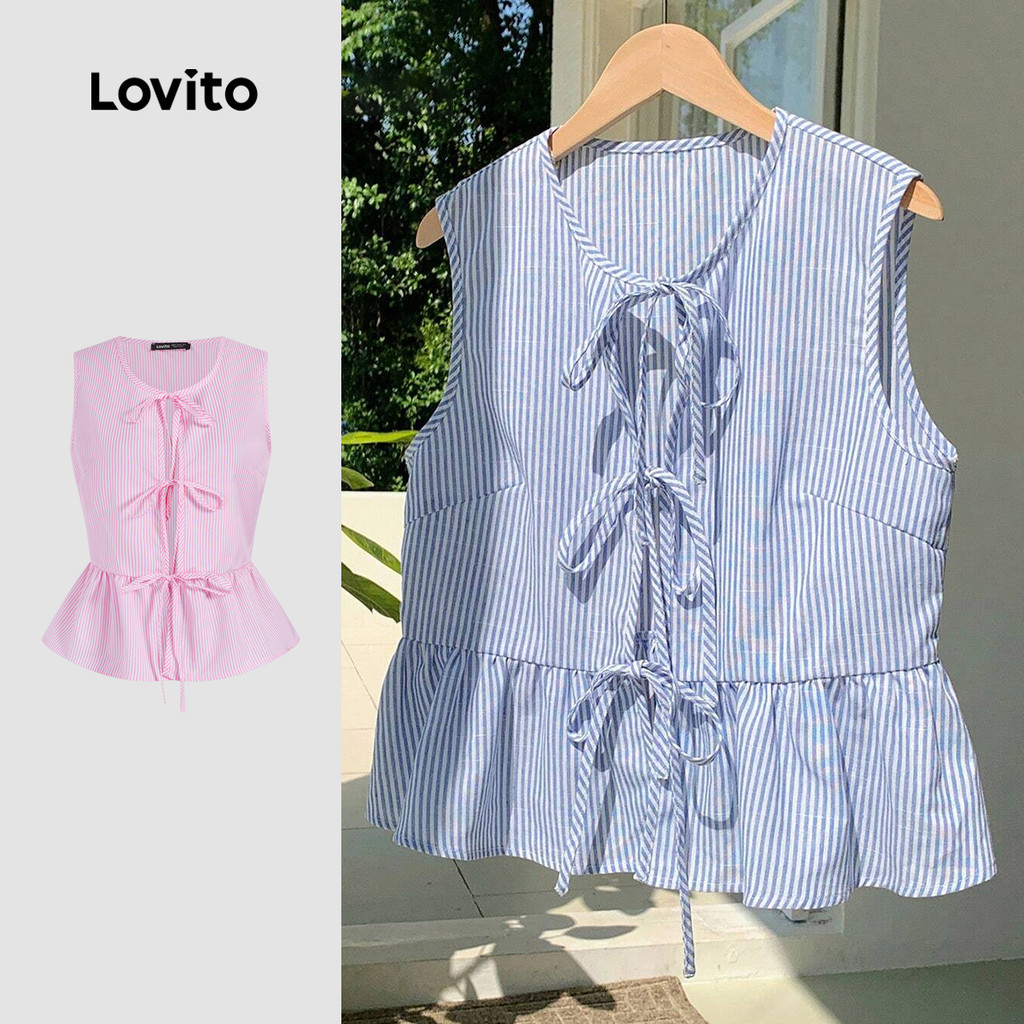 Lovito โบโฮ เสื้อผู้หญิง ลายทาง ผูกด้านหน้า สไตล์ L106AD080