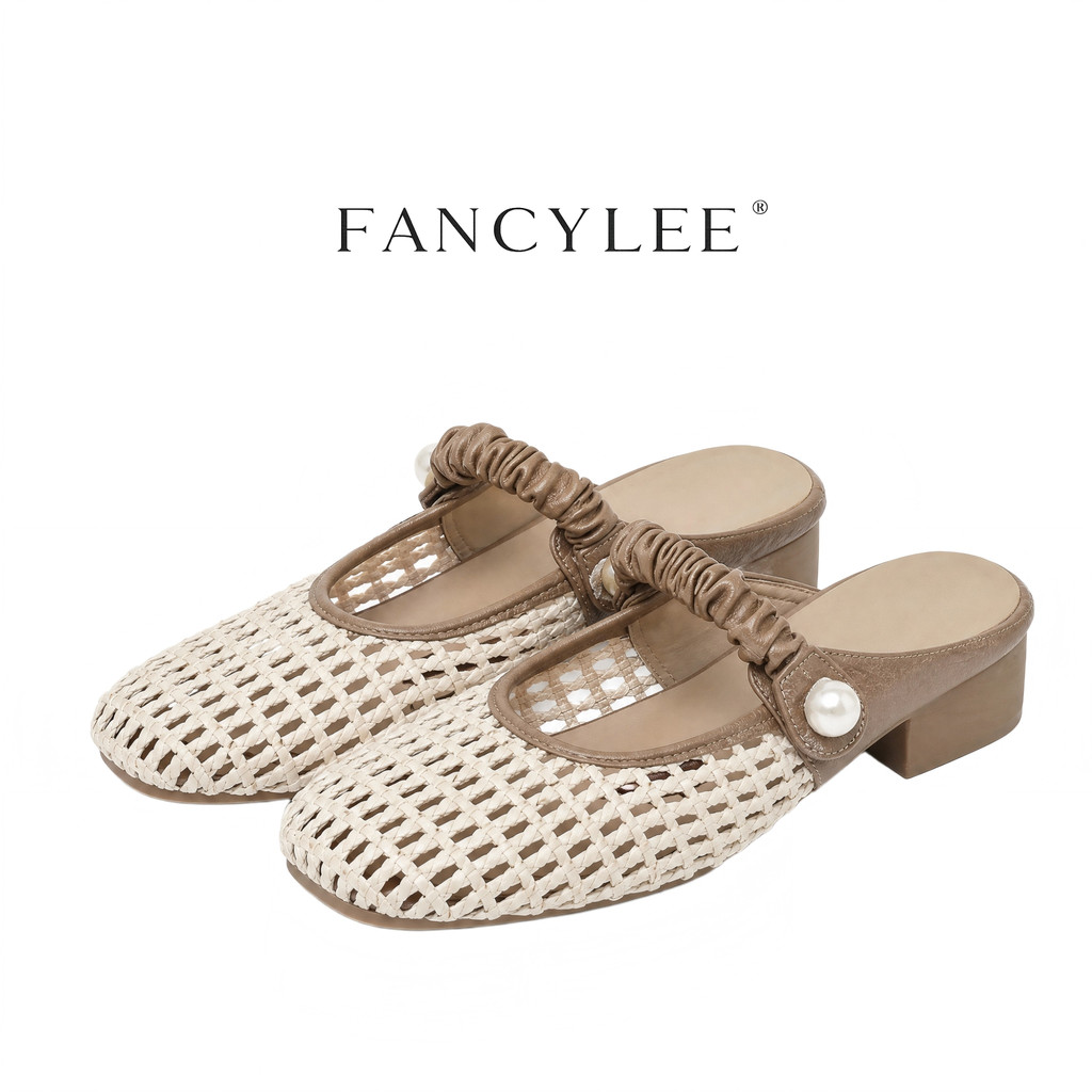 Fancylee รองเท้าแตะตกแต่งทอระบายอากาศ Square Toe ส้นหนา Mules Daily Commuter Classy รองเท้าผู้หญิง