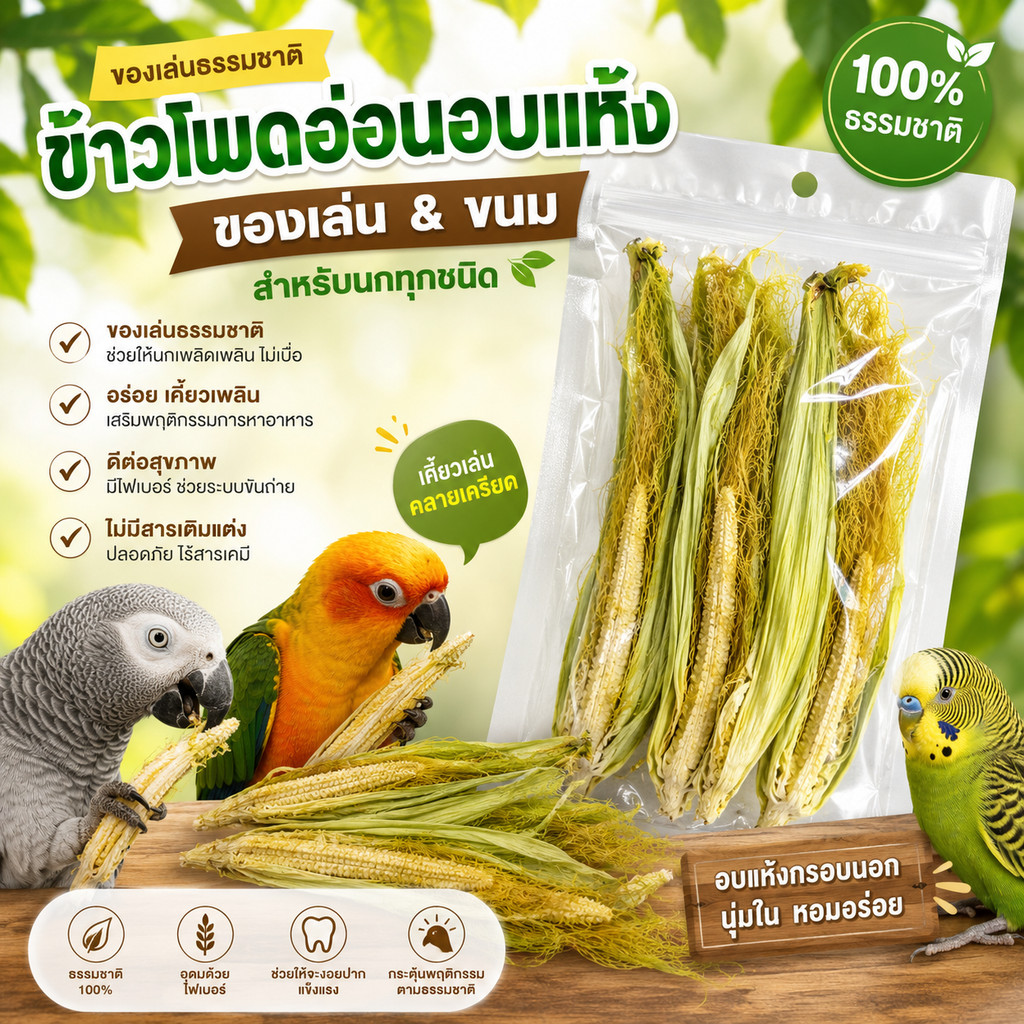 parrot.thailand ข้าวโพดอ่อนอบแห้ง 100% ของเล่นและขนมธรรมชาติสำหรับนกทุกชนิด