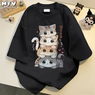 【จัดส่งตลอด 24 ชั่วโมง】NFV สไตล์เกาหลี💙เสื้อยืด ระบายอากาศ ลายแมวน่ารัก Oversized สะดวกสบาย ผ้าฝ้าย100% YG470
