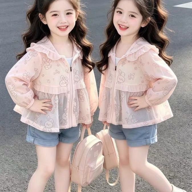 เสื้อคลุมเด็กผู้หญิงลายกระต่ายแต่งระบาย ผ้านุ่มใส่สบาย สไตล์หวาน แฟชั่นหน้าร้อน