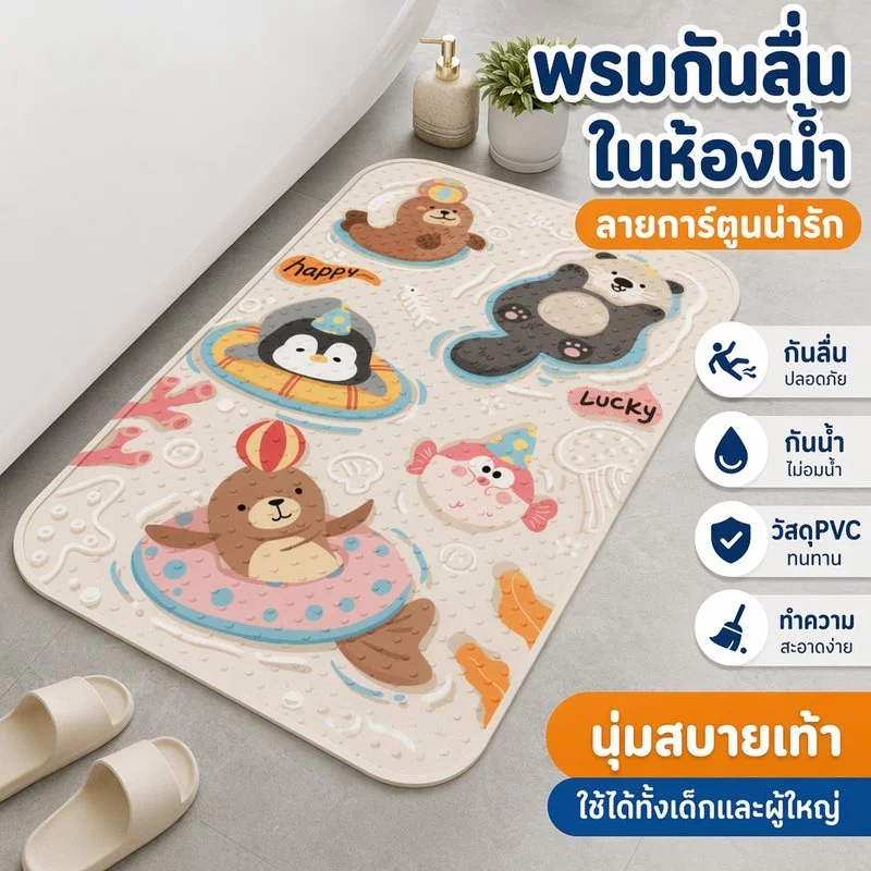 แผ่นรองอาบน้ำกันลื่น พรมห้องน้ำ PVC ลายการ์ตูน แผ่นดูดแน่น ระบายน้ำไว ปลอดภัย เด็ก ผู้ใหญ่