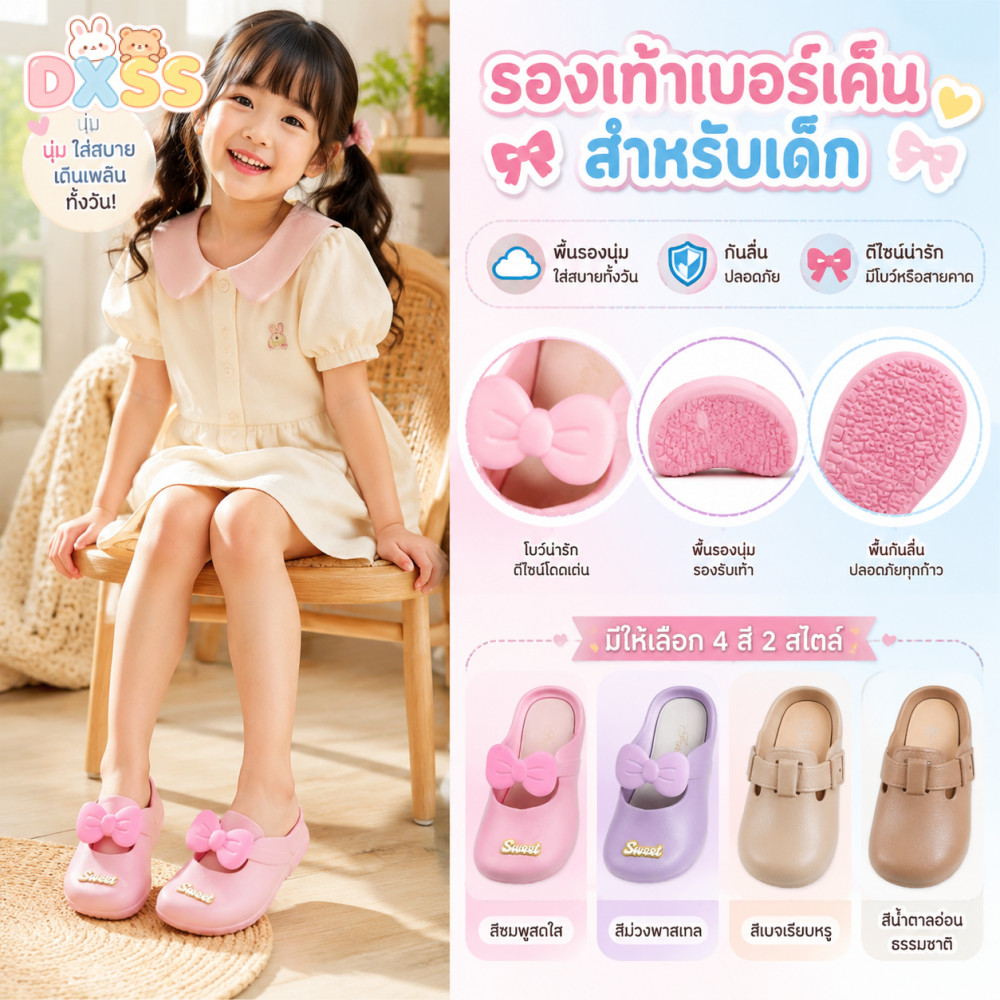 รองเท้าเบอร์เคนเด็กหญิงมีโบว์ตกแต่งพื้นนุ่มกันลื่นเพื่อให้เหมาะกับเด็กในปี2-8ปี