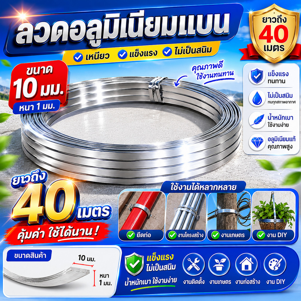(แพ็ค 1 กิโลกรัม) Ship ลวดมีเนียม แบน กว้าง 10 มม. หน่า 1 มม. ยาว 33 เมตร ลวดมัดท่อ ลวดอลูม