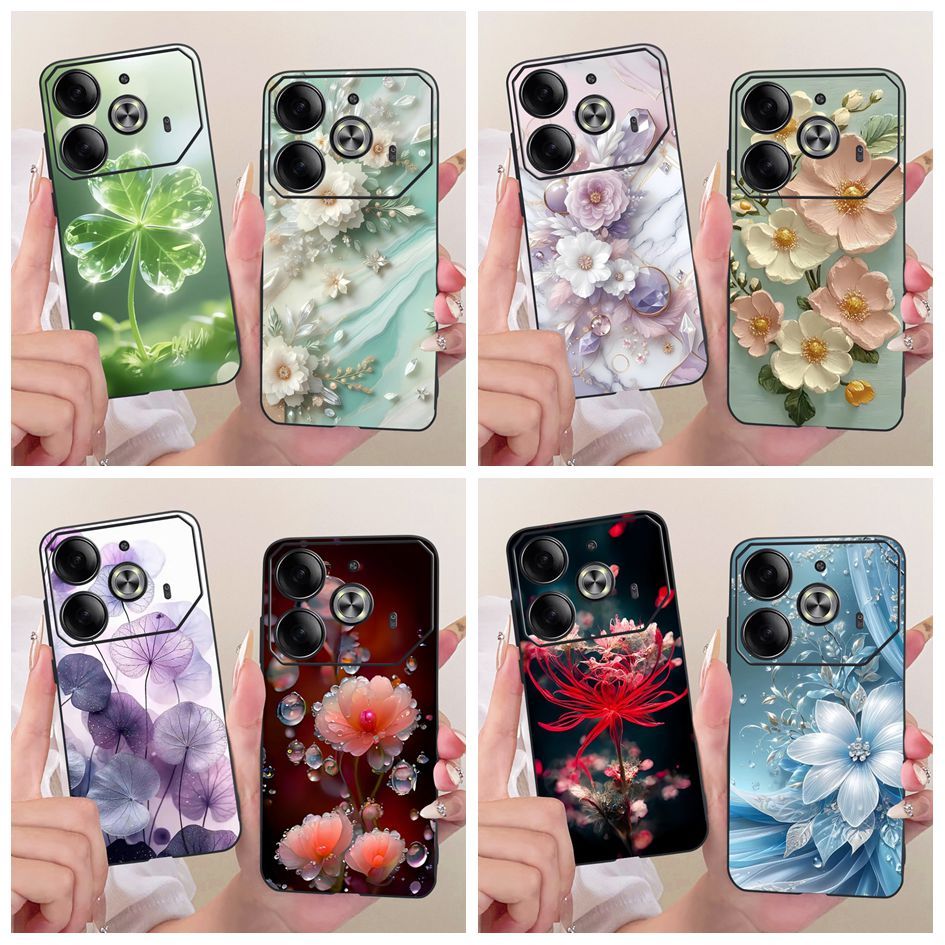 กรณีใหม่สําหรับ Tecno Pova 6 ฝาครอบ LI7 ดอกไม้ยอดนิยมผีเสื้อซิลิโคนสีดํานุ่มกันกระแทกสําหรับ Tecno P