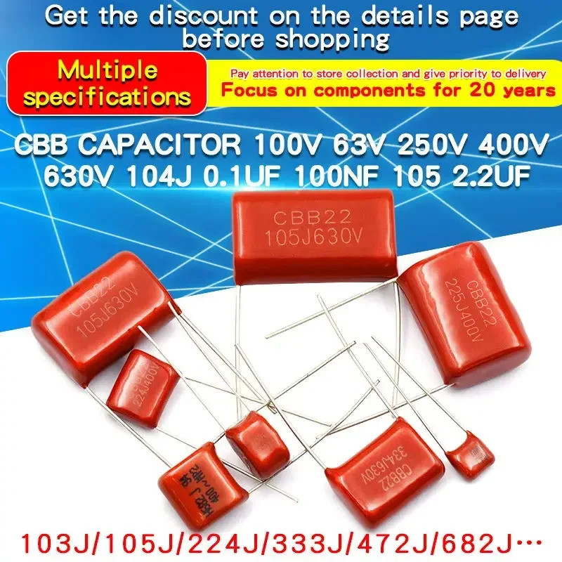 10PCS 100V 400V 630V CBB ตัวเก็บประจุฟิล์มโพรพิลีน 33nF 100nF 220nF 4.7nF 1uF 6.8nF 680nF 470nF 3.3u