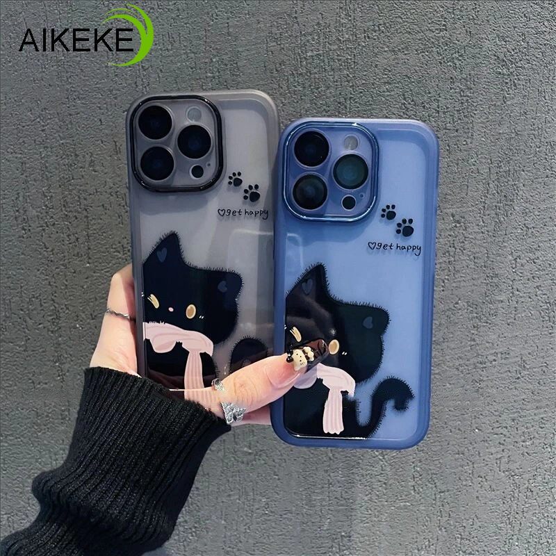 น่ารักแมวดําเคสโทรศัพท์เลนส์สําหรับOPPO A17 A16 A16S A16K A16E A15 A15S A12 Reno 8T 8Z 7Z 6Z 5Z 5Z 4