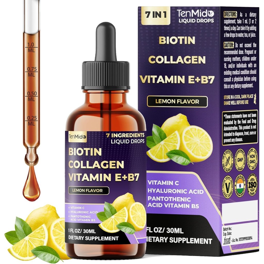 7 - ใน - 1 ไบโอติน และ คอลลาเจน อาหารเสริม - ไบโอติน หยดชนิดน้ำ พร้อม B5 Pantothenic Acid, วิตามิน C