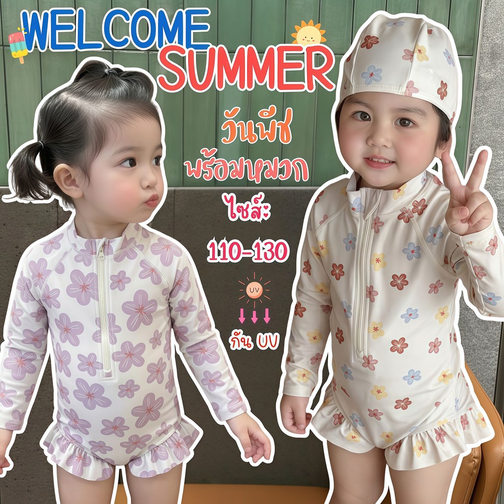 BABY BEACH ชุดว่ายน้ำเด็กหญิง ชุดว่ายน้ำพร้อมหมวก แขนยาว กัน UV 🎀🌸  มีไซส์ 110-130 ใส่สบาย Y449