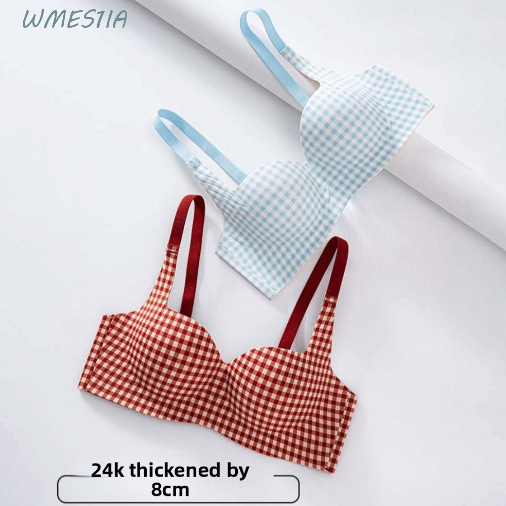 WMES1IA ลายสก๊อตไร้สาย Bra,ตารางรูปแบบ Traceless Brassiere สําหรับผู้หญิง,เกาหลี Ins Y2K สไตล์ Anti-