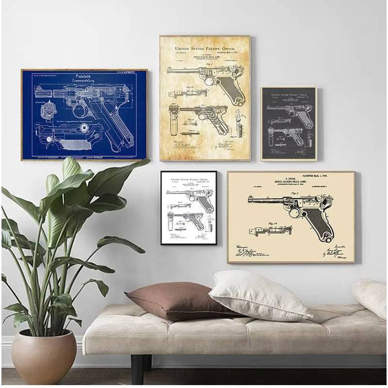 Gun Blueprint Luger Pistol Patent Chart Canvas Painting PostersWall Pictures For Living Room Decorat