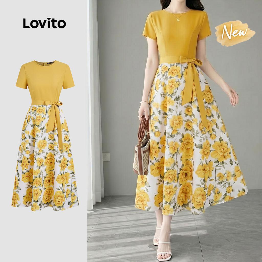 (New Arrival) Lovito เดรสสีเหลืองลายคัลเลอร์บล็อกสําหรับฤดูใบไม้ผลิ/ฤดูร้อน เดรสลําลองสําหรับผู้หญิง