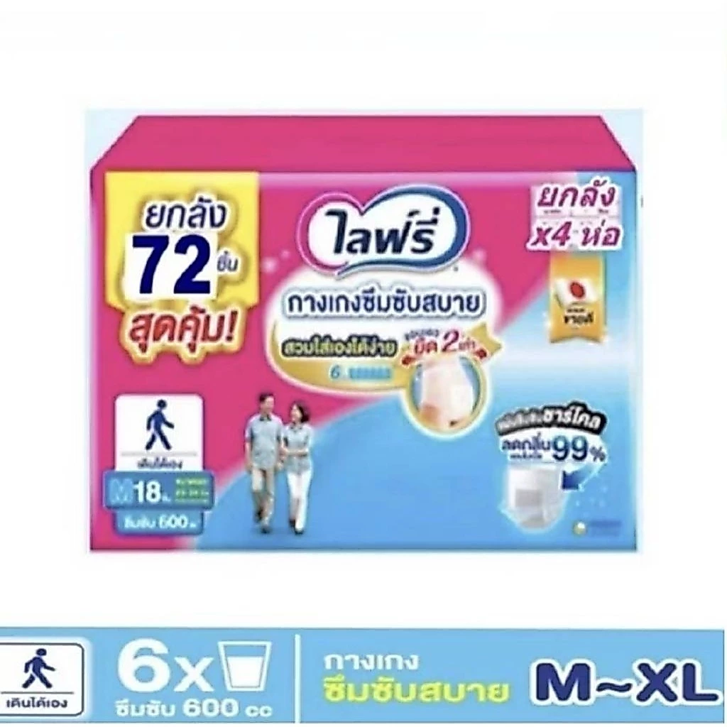 Lifree ผ้าอ้อมผู้ใหญ่ ไลฟ์รี่ กางเกงซึมซับสบาย ไซส์ M - XL ยกลัง 4 แพ็ค
