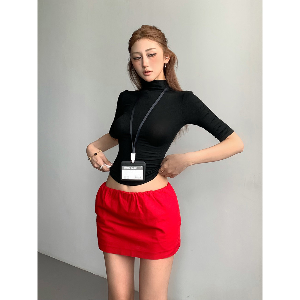 ผ้าลินินต่ําเอวพลัม Jam สีแดง a-Line กระโปรงผู้หญิงฤดูร้อน 2025 สไตล์ใหม่สาวร้อน Slimmer ดูสั้น Culo