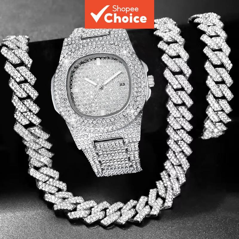 VMI นาฬิกา Rhinestone หรูหราชุด – 3 ชิ้น Hip Hop Cuban Link สายเหล็ก Square Dial Quartz Timepiece ของขวัญสําหรับชาย
