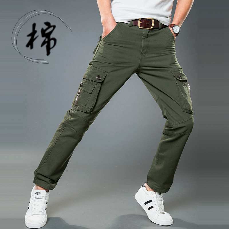 ใหม่ Overalls Mens Street Wear-Resistant กางเกงทํางานหลวมผ้าฝ้ายตรง Multi-Bag Outdoor Leisure Work W