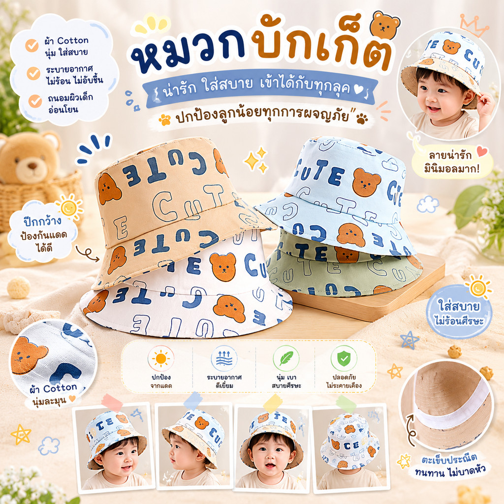 หมวกบักเก็ตเด็ก มีสายรัดคางปรับได้ ลายหมีน่ารัก หมวกเด็ก 0-2 ขวบ หรือรอบศรีษะ 46-48 cm. SS01
