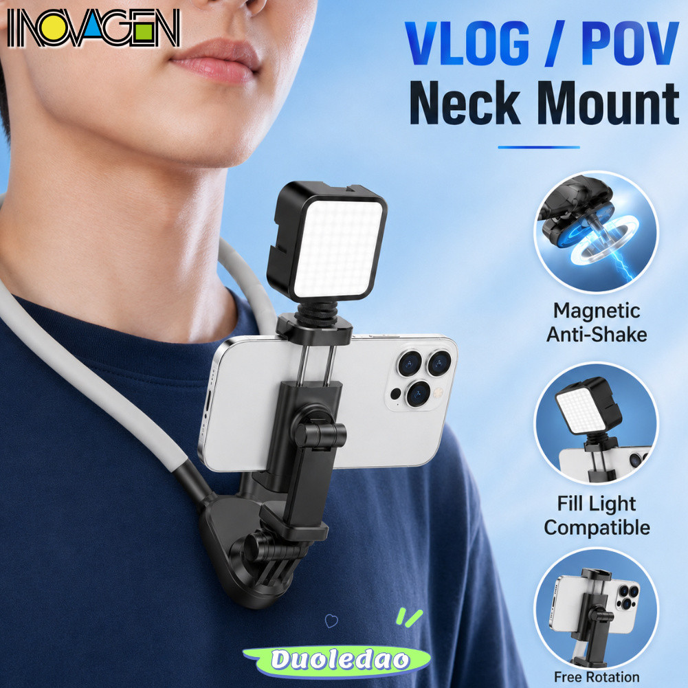 INOVAGEN ปรับคอผู้ถือโทรศัพท์ POV สายรัดหน้าอก Mount ใช้งานร่วมกับเติมแสงแฮนด์ฟรีการบันทึก Bracket สําหรับสมาร์ทโฟน Action กล้องขี่จักรยานทําอาหาร Vlog Live