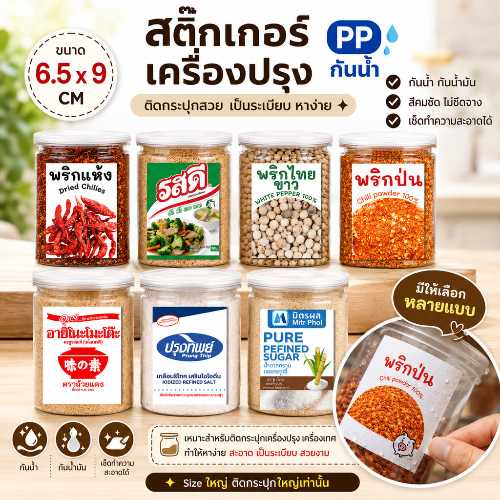 [ไซร์ติดกระปุกใหญ่ ✨]สติกเกอร์เครื่องปรุง กันน้ำ✨ PP ติดขวด ติดกระปุก 6.5x9 ซม. ฉลากเครื่องปรุง  สติกเกอร์จัดระเบียบครัว