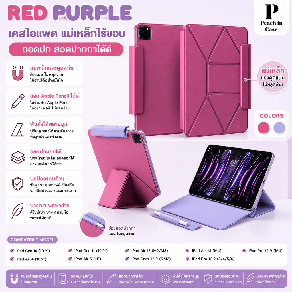 เคสไอแพด ipadcaseแม่เหล็กไร้ขอบถอดปกสอดปากกาได้ดี IpadcaseGen10/11/Air4/Air5/AIR11/Air6/Pro11/Pro12.9/AIR13