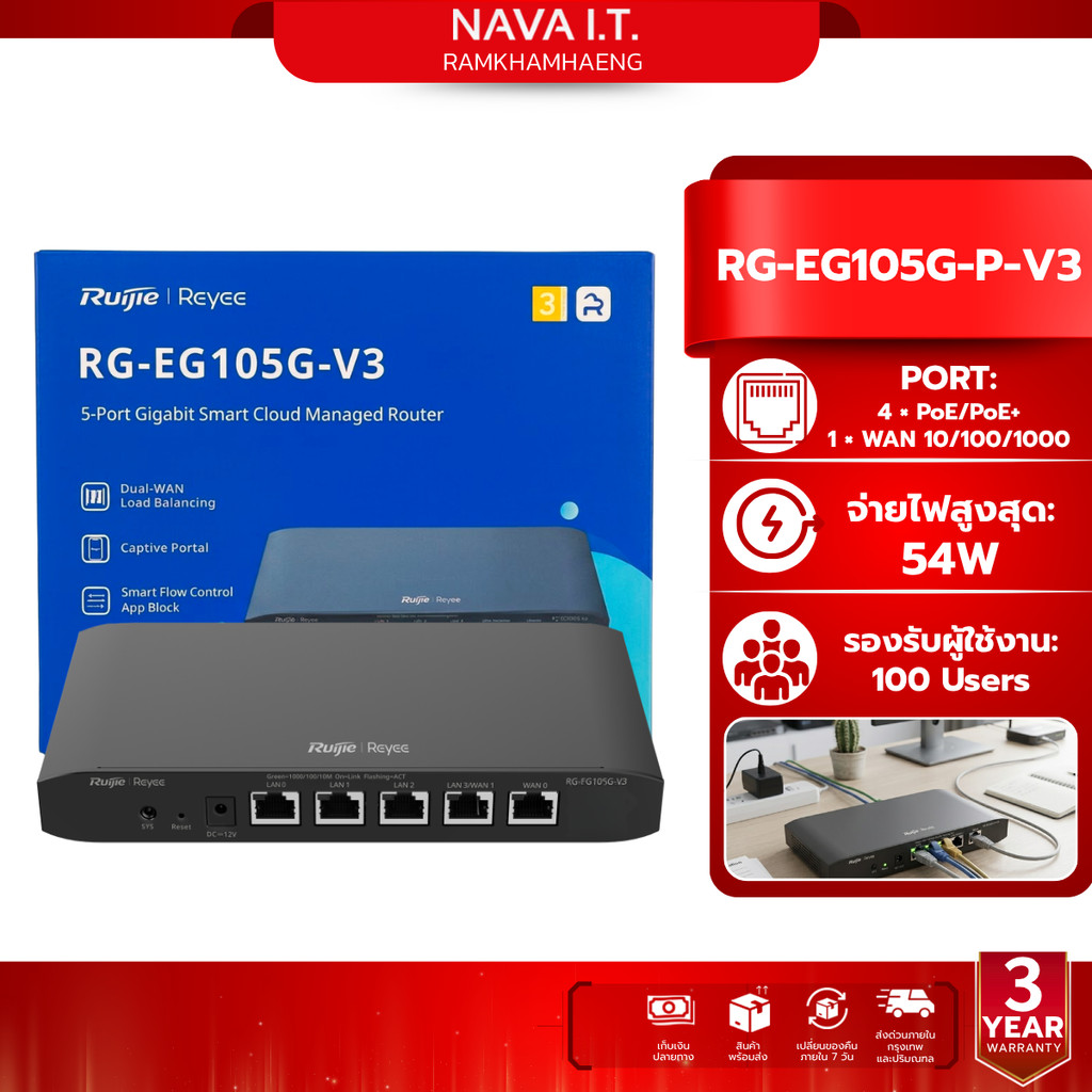 Ruijie Reyee RG-EG105G-P-V3 Cloud Managed PoE เราเตอร์ VPN รับประกันศูนย์ไทย 3 ปี