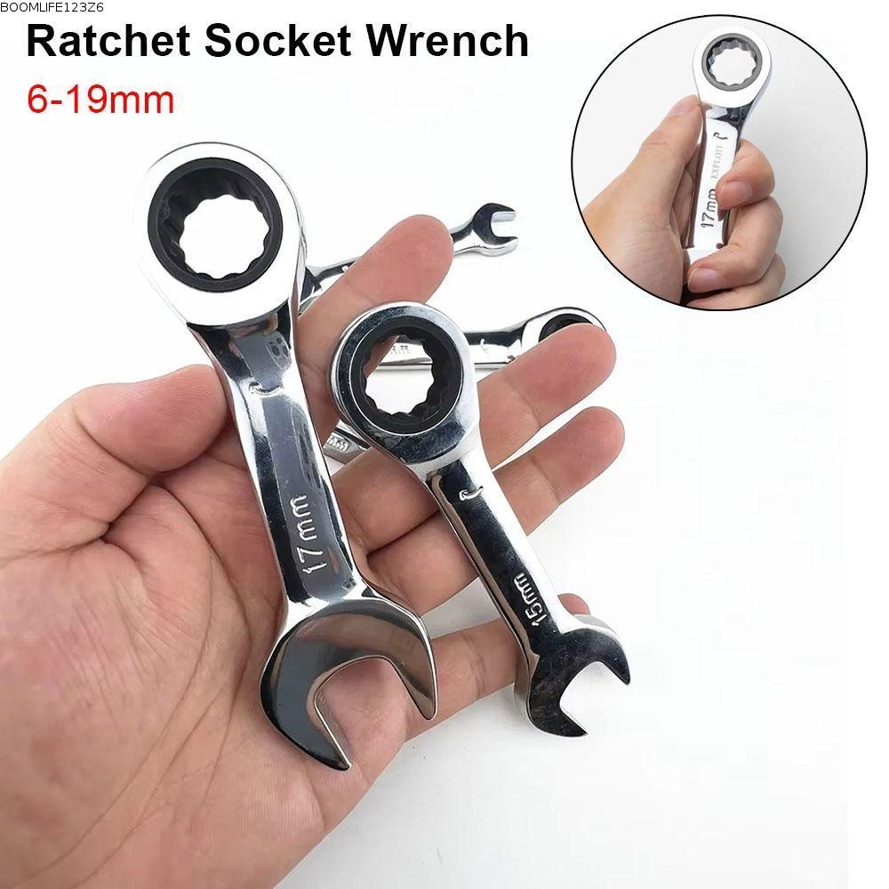 BOOMLIFE1238C 1 ชิ้น Ratchet Socket Spanner, 6-19 มม.ด้ามสั้น Stubby ประแจเดี่ยว, Reversible Combina