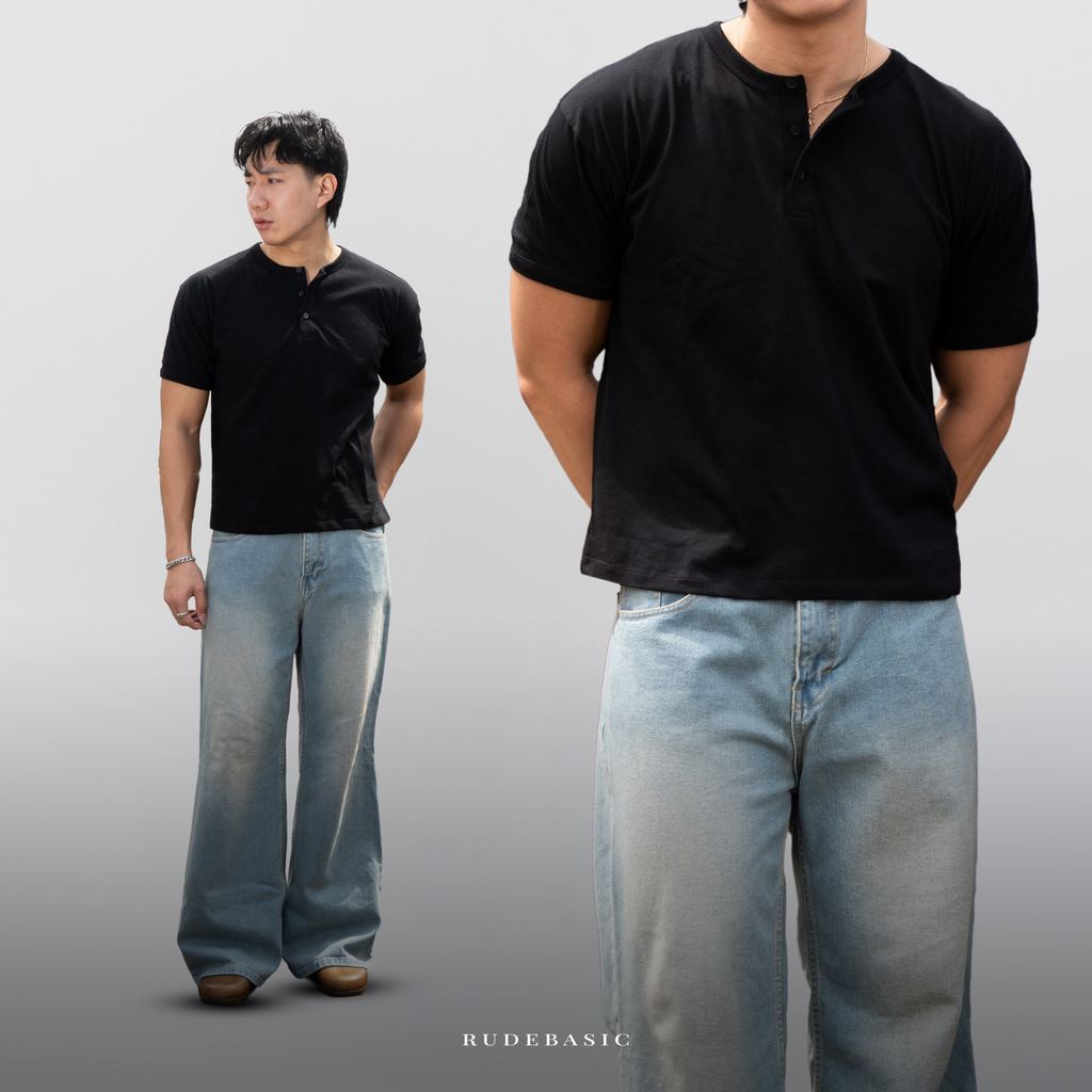 RUDEBASIC - Black Dennys Short sleeve Henley | สําลีน้ําหนักเบา | Henley สําหรับผู้ชาย | Henley สีขา