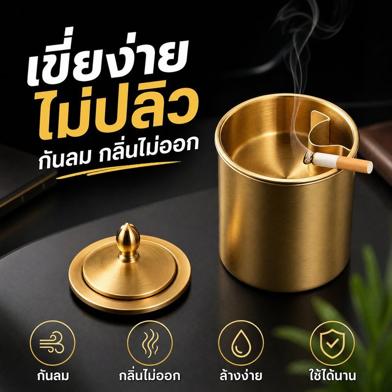 ที่เขี่ยบุหรี่ สแตนเลส กันลม ทนร้อน ทนตก ทรงกลม ใช้ในรถ ใช้ในบ้าน กันขี้เถ้าฟุ้ง 3 สี