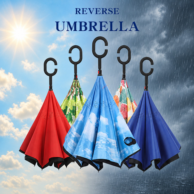 ร่มกลับด้าน 2 ชั้น มือจับตัว C กันแดดUV Reverse Umbrella (star)