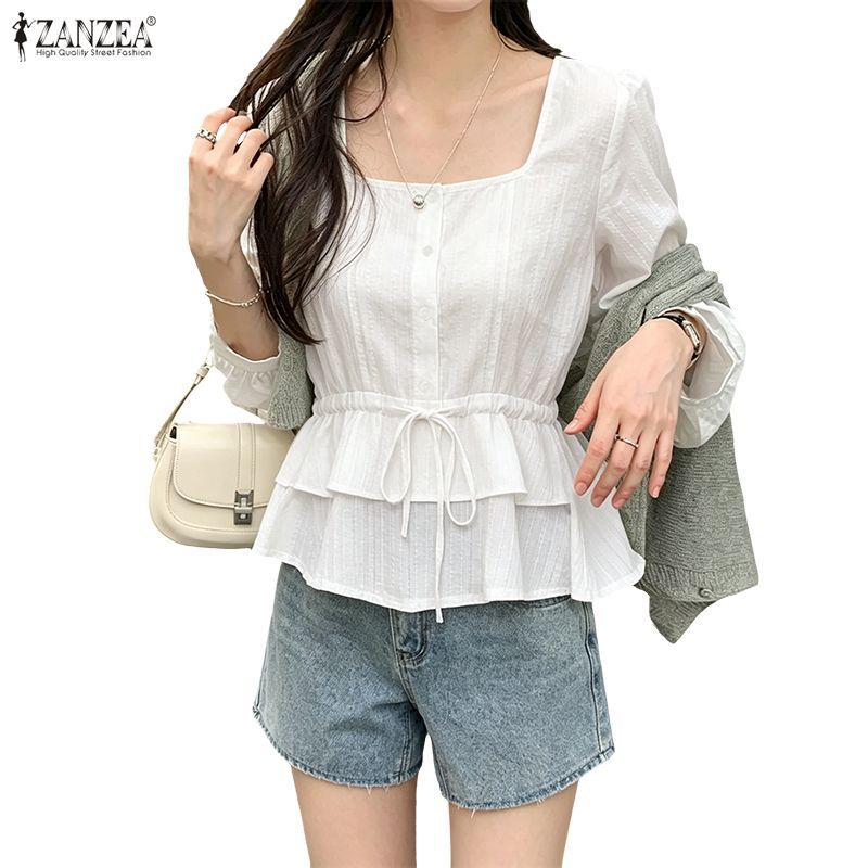 ZANZEA ผู้หญิงเกาหลีภาษาฝรั่งเศสคําอ่อนโยนสแควร์คอโคมไฟแขน Double-Layered Ruffles Hem A-Line เสื้อ