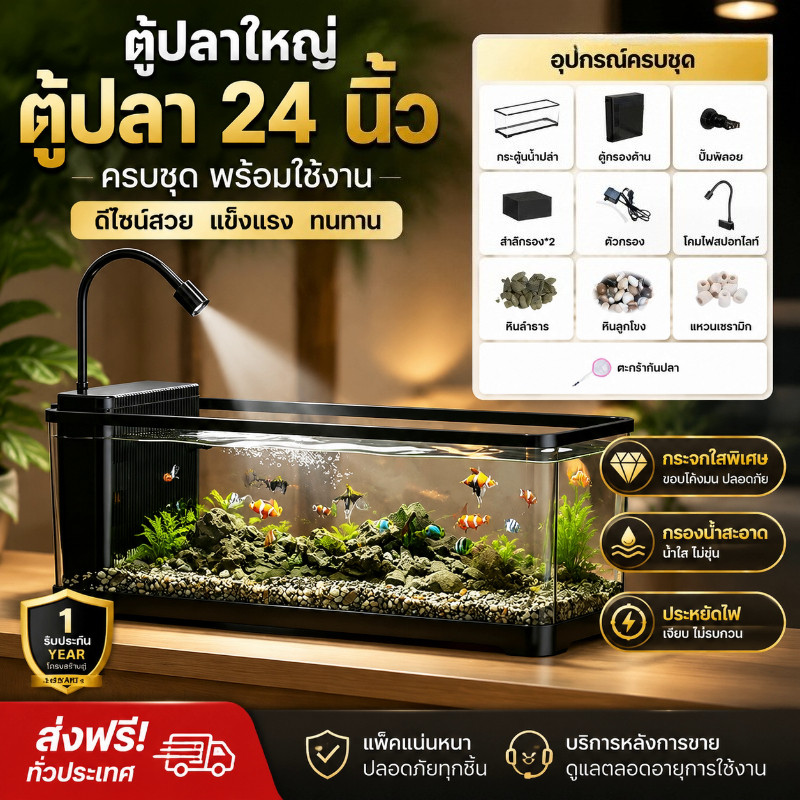 ตู้ปลาใหญ่ 24 นิ้ว ความโปร่งใส HD มีระบบกรองที่ซ่อนอยู่ กระบอกลำธาร เหมาะสำหรับมือใหม่เลี้ยงปลา