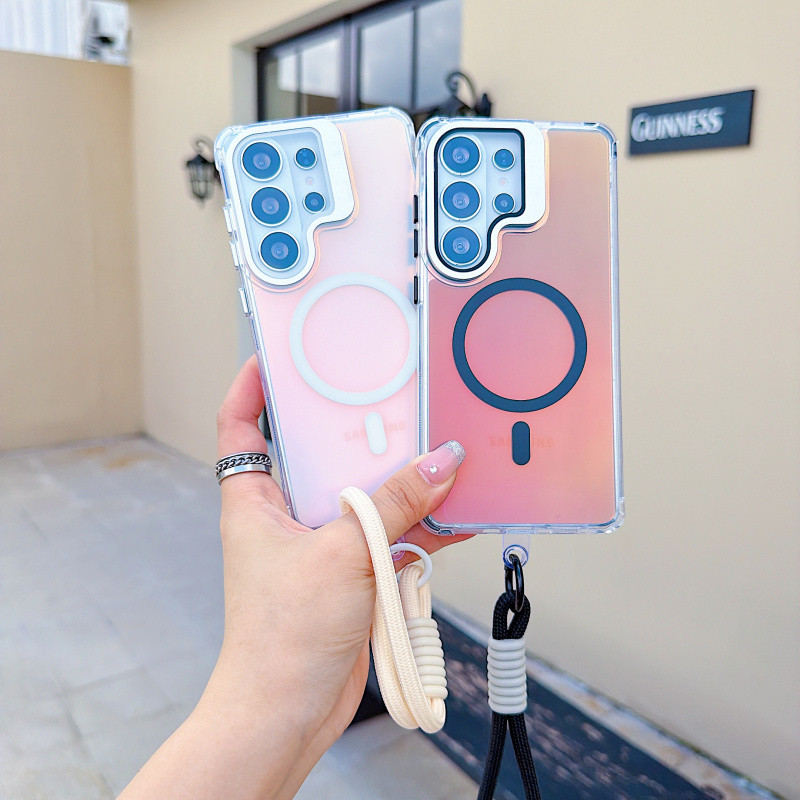 เลเซอร์ Chameleon Magnetic Invisible Bracket Lanyard Case สําหรับ Samsung S26 Ultra Plus S25 FE S25 S24 Ultra Plus A57 การป้องกันเลนส์เต็มรูปแบบไร้สายชาร์จ Anti-Drop Cover