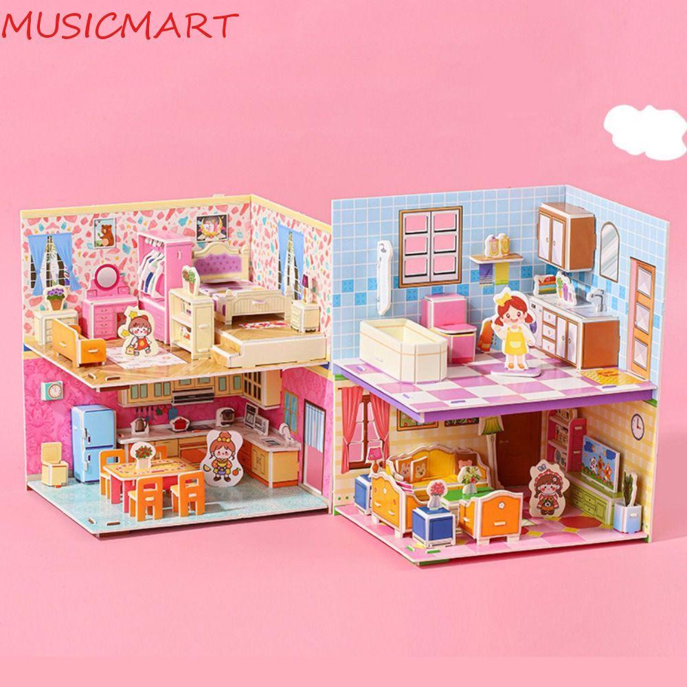 MUSICMART 3D Room Cardboard, 3D Model Living 3D Room Model Puzzle Toys, Cute Miniatures Kitchen Bedr