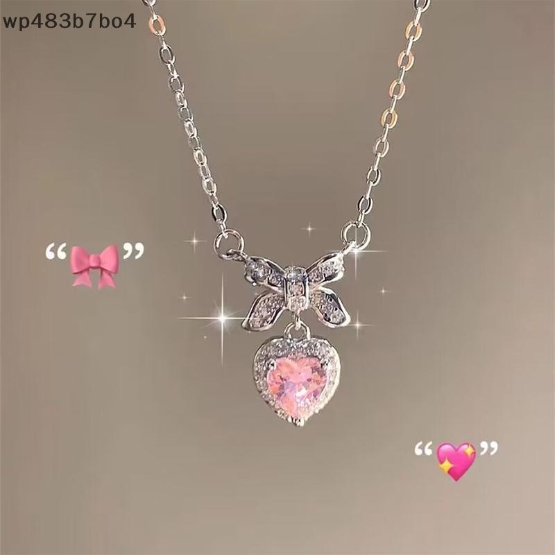 สร้อยคอจี้หัวใจรูปโบว์เพทายคริสตัลจาก WPB สีชมพูเครื่องประดับสตรี1หัวใจ