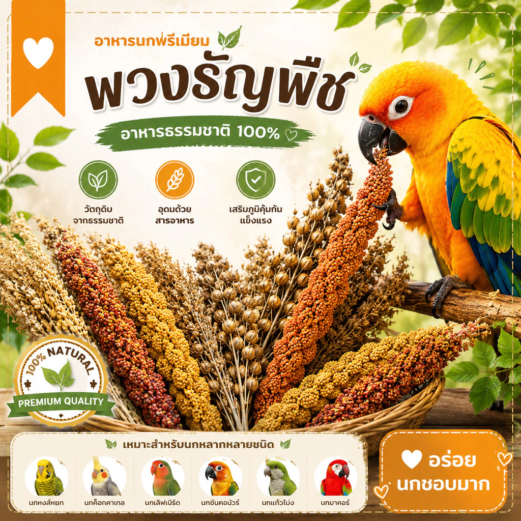 Parrot.Thailand (แบ่งขาย 100g/200g) ช่อธัญพืชนก มิลเล็ตสเปรย์เหลือง/แดง/ดำ ข้าวฟ่าง ข้าวญี่ปุ่น อาหารเสริมนกทุกสายพันธุ์